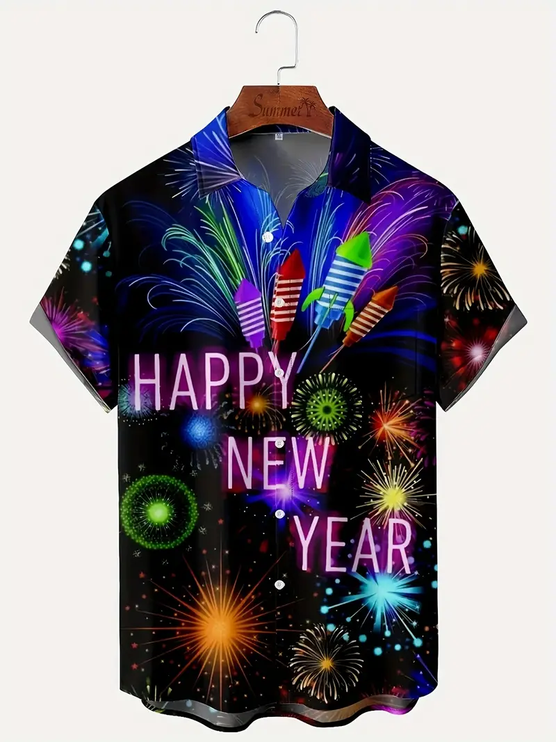 Blooming Fireworks  Printed  Casual Men's Plus Size Short Sleeve Shirt