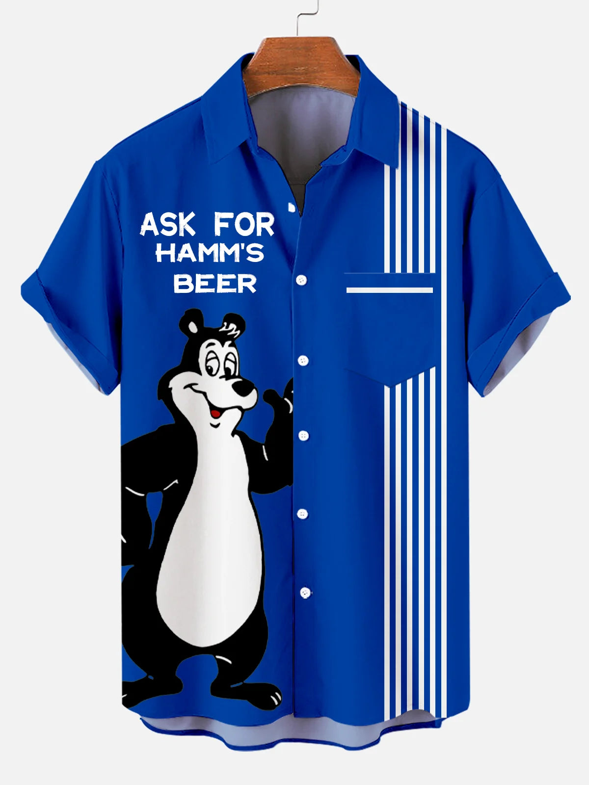 Men's Cartoon Bear Wants Ham Beer Slogan Contrast Striped Plus Size Lapel Short Sleeve Shirt  Hawaiian Shirt