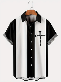 Fashion Vintage Contrast Color Cross Printed  Men's  Plus Size Short Sleeve Shirt