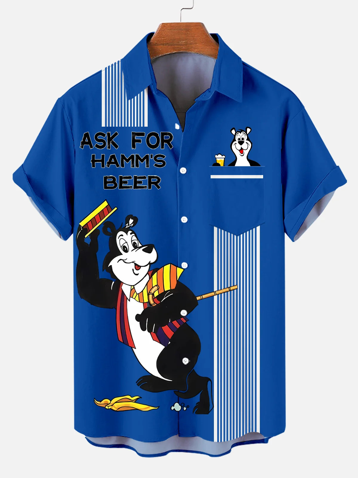 Men's Cartoon Ask For Hamm's Beer Slogan Contrast Striped Plus Size Lapel Short Sleeve Shirt  Hawaiian Shirt