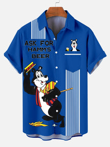 Men's Cartoon Ask For Hamm's Beer Slogan Contrast Striped Plus Size Lapel Short Sleeve Shirt  Hawaiian Shirt