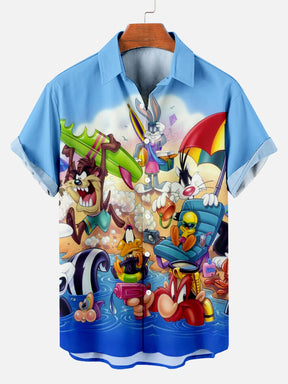 Men's Fun Cartoon Beach Printed Plus Size Lapel Short Sleeve Shirt  Hawaiian Shirt