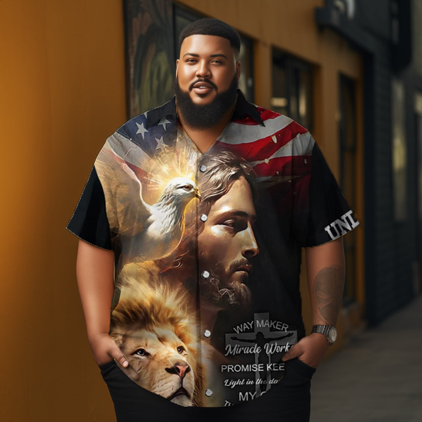 Jesus Peace Dove  and American flag Graphic printed  Men's  Plus Size Short Sleeve Shirt
