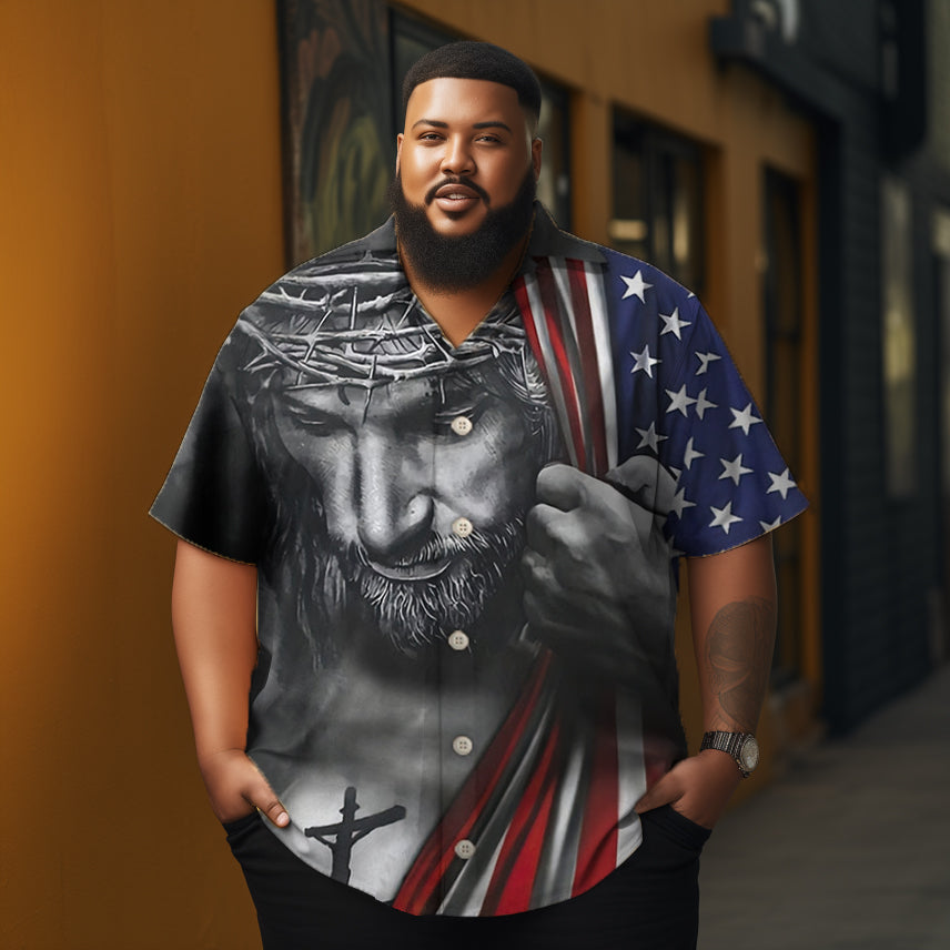 Jesus and American flag  printed  Men's  Plus Size Short Sleeve Shirt