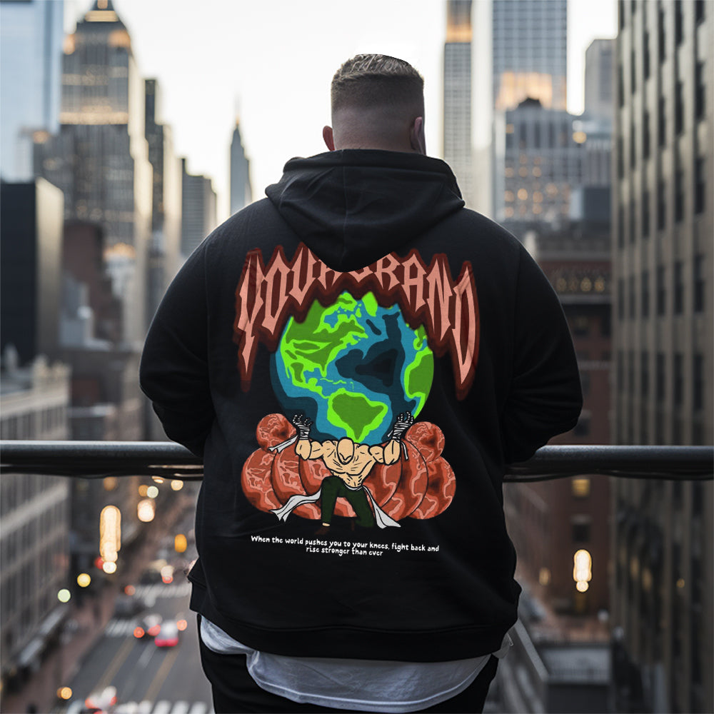Muscular man lifts the earth printed Men's Plus Size Hoodie