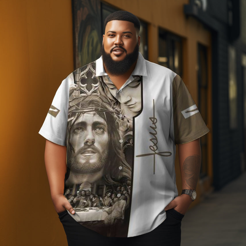 Holy Jesus Color Matching printed  Men's  Plus Size Short Sleeve Shirt