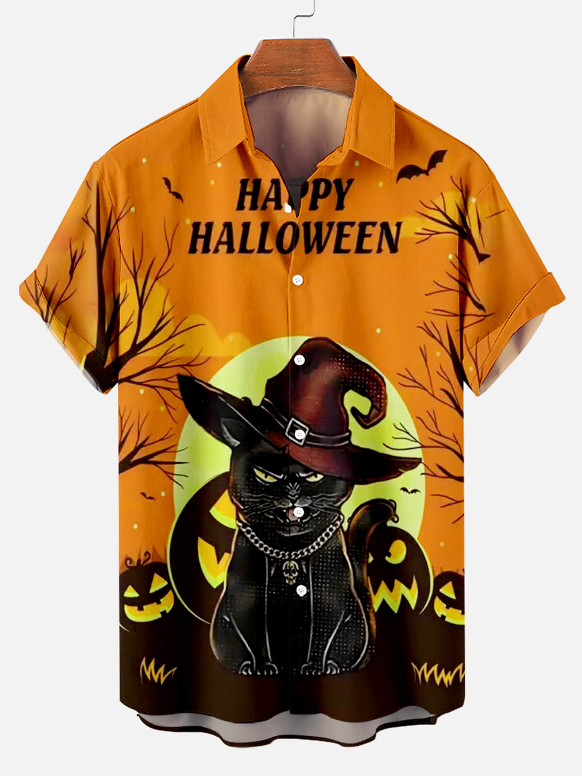Halloween Black Cat Witch Hat Print Men's Short Sleeve Shirt