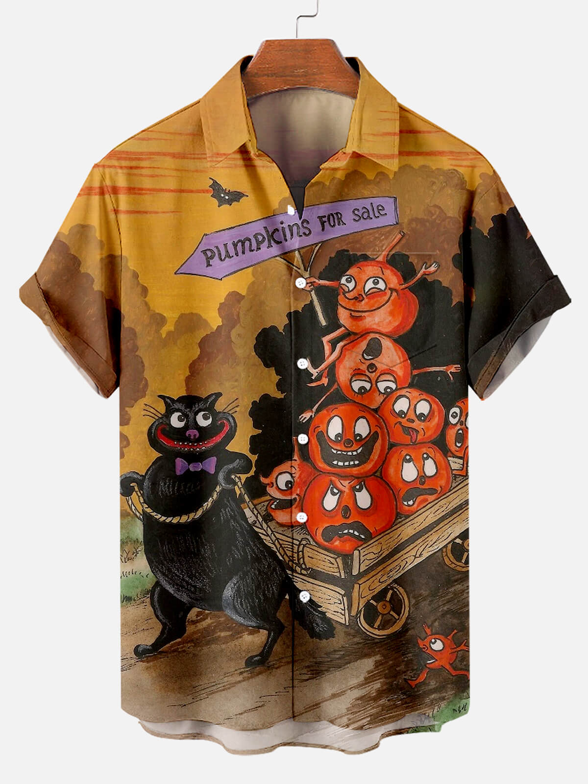 Halloween Fun Black Cat Pulling a Cart of Pumpkins Printed Short Sleeve Shirt