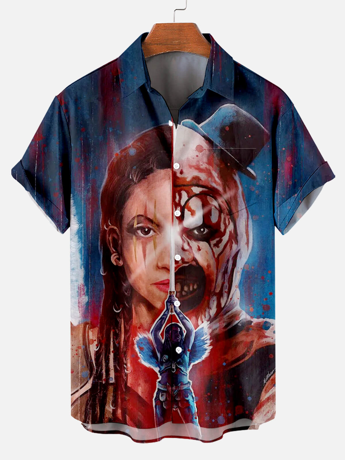Halloween Horror Movie Characters Stitching Print Men's Short Sleeve Shirt Top