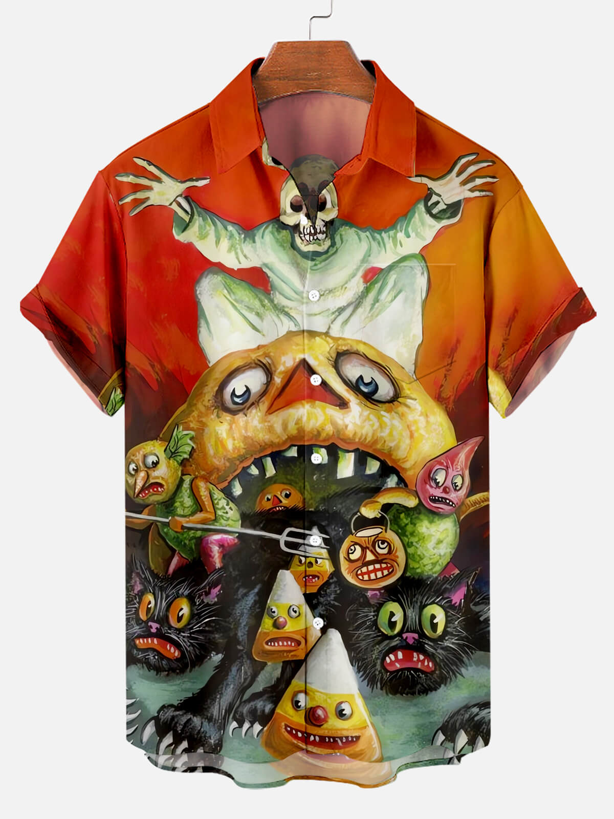 Halloween Skull Pumpkin Cat Print Men's Short Sleeve Shirt