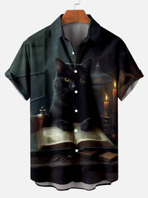 Halloween Black Cat Print Short Sleeve Shirt