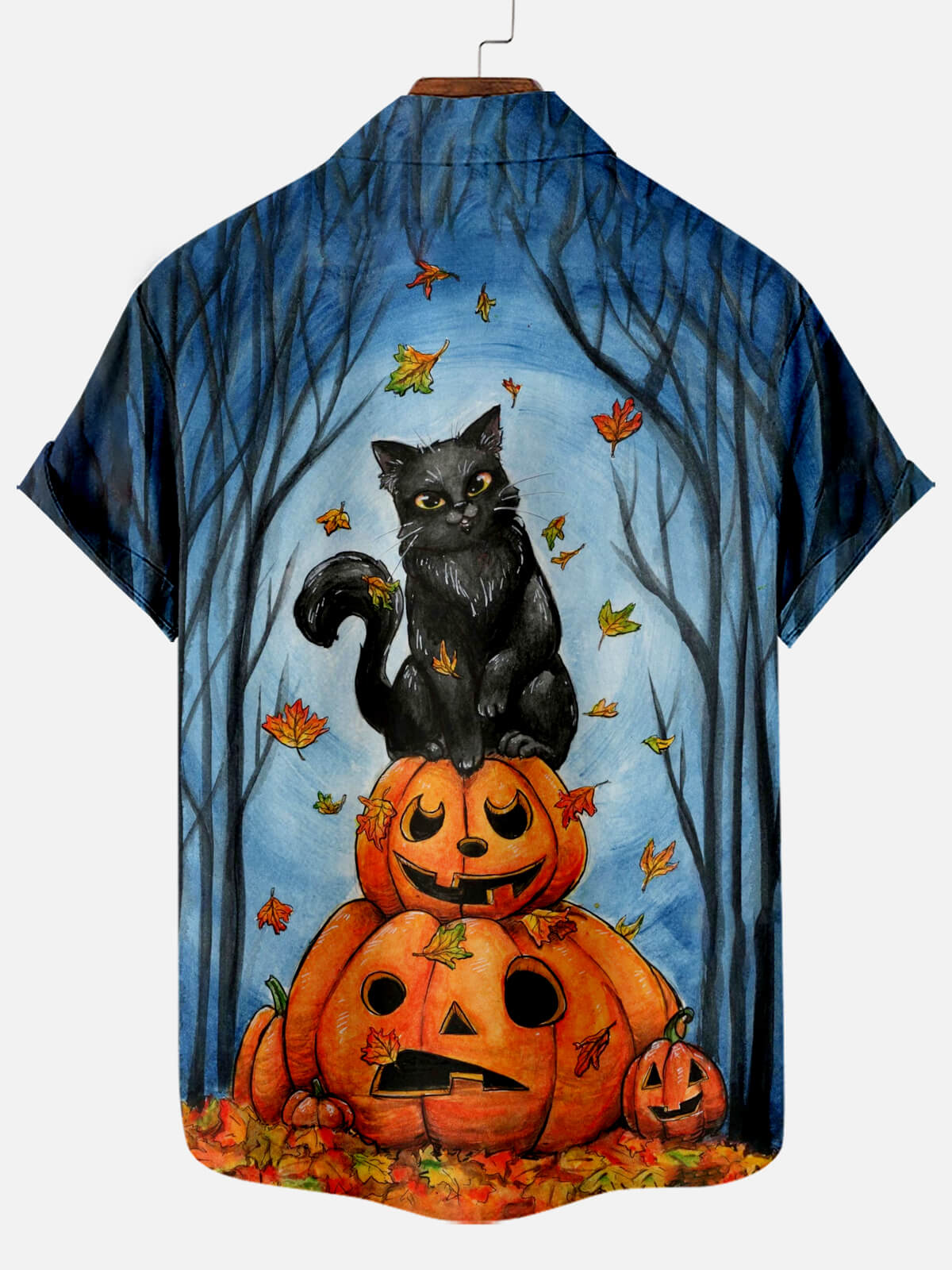 Halloween Black Cat Pumpkin Print Men's Short Sleeve Shirt