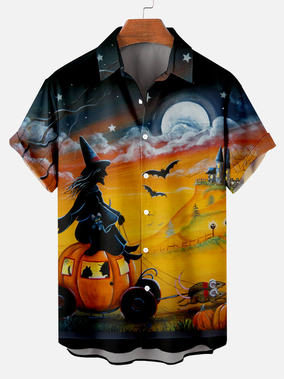 Halloween Witch Pumpkin Ride To The Castle Print Men's Short Sleeve Shirt