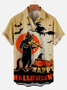 Halloween Black Cat Violin Play Print Men's Short Sleeve Shirt