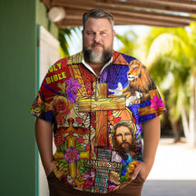 Jesus Cross Floral Graphic  Printed  Men's  Plus Size Short Sleeve Shirt
