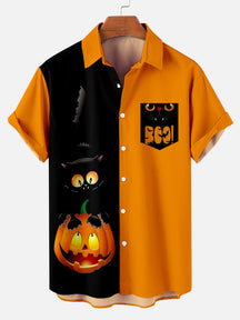 Halloween Black Cat Pumpkin Contrast Print Short Sleeve Shirt