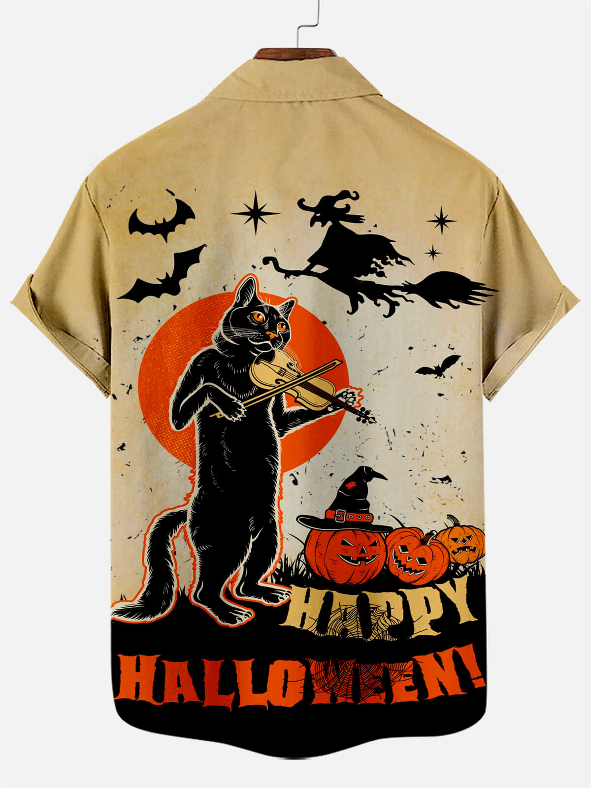 Halloween Black Cat Violin Play Print Men's Short Sleeve Shirt