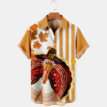 Thansgiving  Beauful Turkey  Maple Leaf  Strips Printed  Casual Men's Plus Size Short Sleeve Shirt