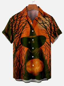 Halloween Scary Black Cat Witch Hat Pumpkin Print Men's Short Sleeve Shirt